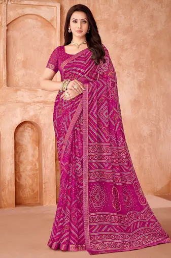 Magenta bandhani printed chiffon saree with unstitched blouse