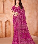 Magenta bandhani printed chiffon saree with unstitched blouse