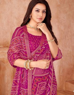 Magenta bandhani printed chiffon saree with unstitched blouse 2