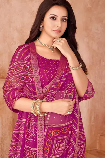 Magenta bandhani printed chiffon saree with unstitched blouse