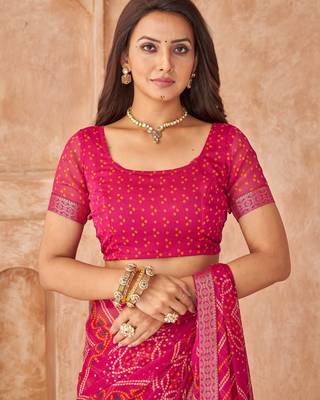 Magenta bandhani printed chiffon saree with unstitched blouse 3
