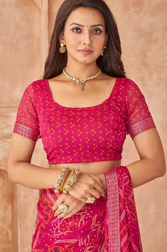 Magenta bandhani printed chiffon saree with unstitched blouse