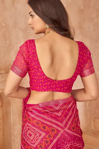 Magenta bandhani printed chiffon saree with unstitched blouse