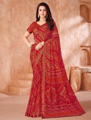 Red bandhani printed chiffon saree with unstitched blouse 1