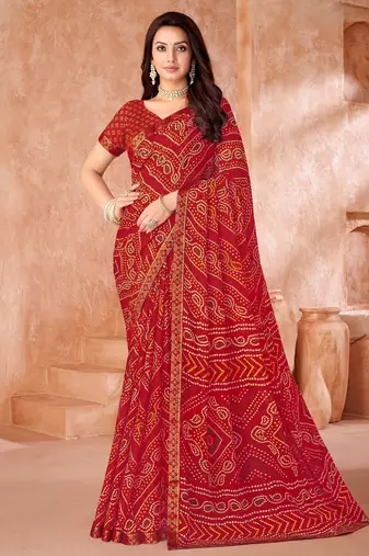 Red bandhani printed chiffon saree with unstitched blouse