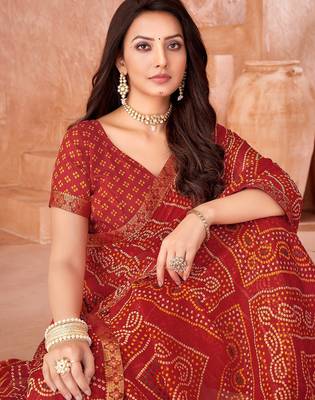 Red bandhani printed chiffon saree with unstitched blouse 2