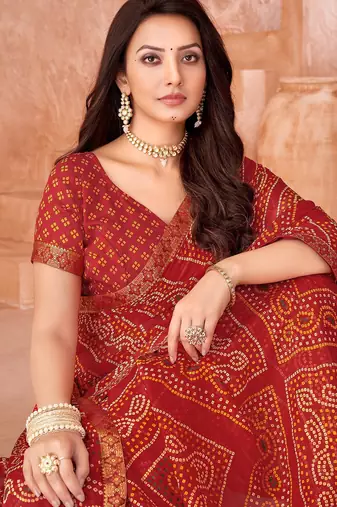 Red bandhani printed chiffon saree with unstitched blouse