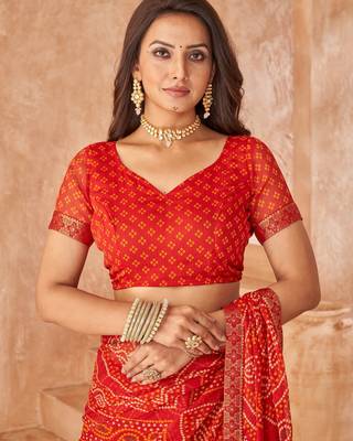 Red bandhani printed chiffon saree with unstitched blouse 3