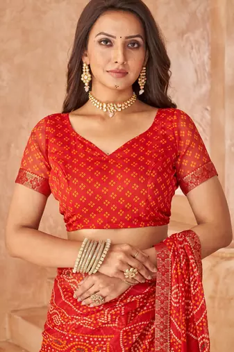Red bandhani printed chiffon saree with unstitched blouse