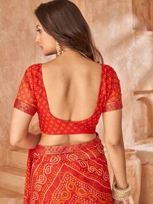 Red bandhani printed chiffon saree with unstitched blouse 4