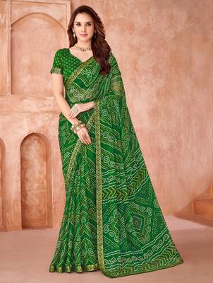 Green bandhani printed chiffon saree with unstitched blouse 1