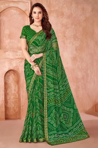 Green bandhani printed chiffon saree with unstitched blouse