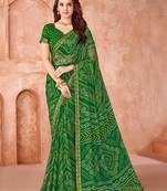 Green bandhani printed chiffon saree with unstitched blouse