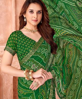 Green bandhani printed chiffon saree with unstitched blouse 2