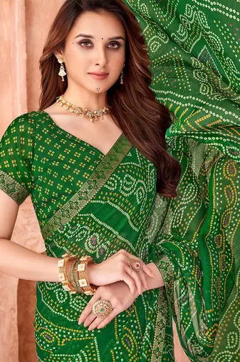 Green bandhani printed chiffon saree with unstitched blouse