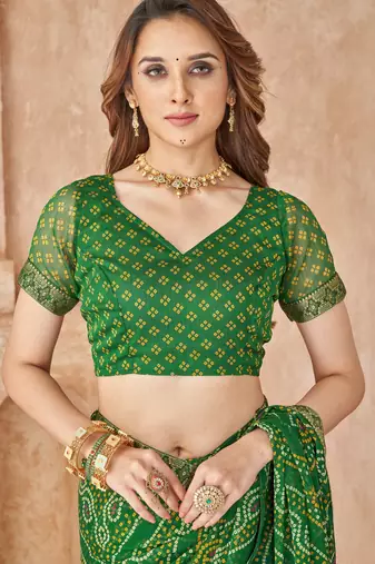 Green bandhani printed chiffon saree with unstitched blouse