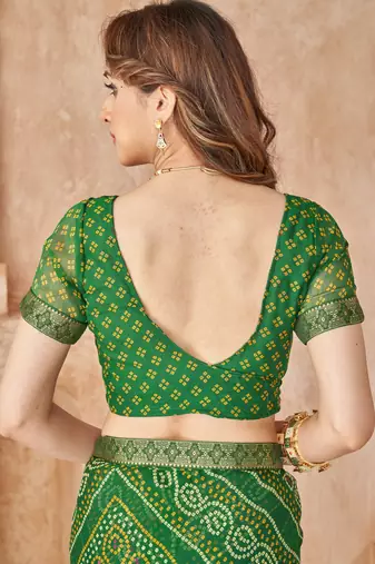 Green bandhani printed chiffon saree with unstitched blouse