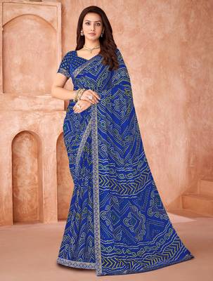 Royal blue bandhani printed chiffon saree with unstitched blouse 1