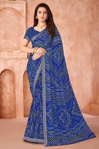 Royal blue bandhani printed chiffon saree with unstitched blouse