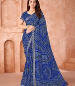 Royal blue bandhani printed chiffon saree with unstitched blouse