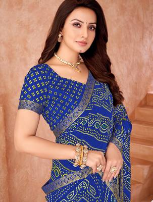 Royal blue bandhani printed chiffon saree with unstitched blouse 2