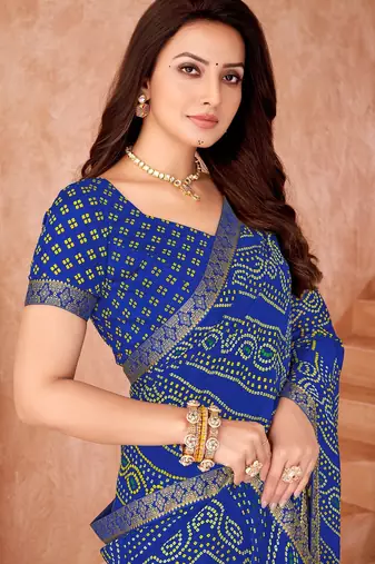Royal blue bandhani printed chiffon saree with unstitched blouse
