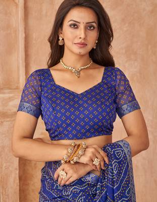 Royal blue bandhani printed chiffon saree with unstitched blouse 3