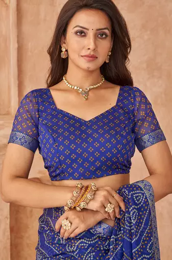 Royal blue bandhani printed chiffon saree with unstitched blouse