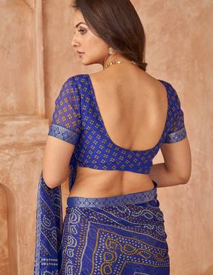 Royal blue bandhani printed chiffon saree with unstitched blouse 4
