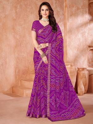 Purple bandhani printed chiffon saree with unstitched blouse 1