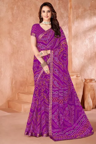 Purple bandhani printed chiffon saree with unstitched blouse