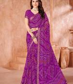 Purple bandhani printed chiffon saree with unstitched blouse
