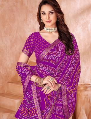 Purple bandhani printed chiffon saree with unstitched blouse 2