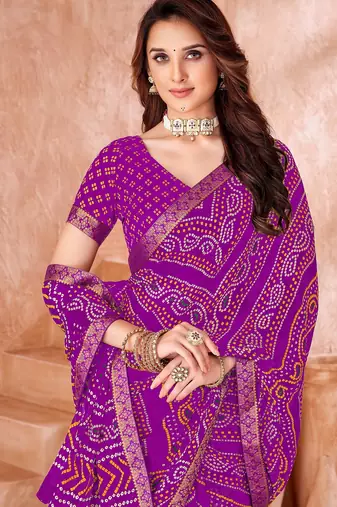 Purple bandhani printed chiffon saree with unstitched blouse