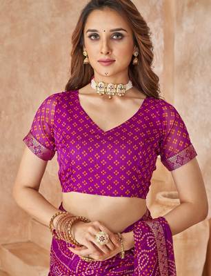 Purple bandhani printed chiffon saree with unstitched blouse 3