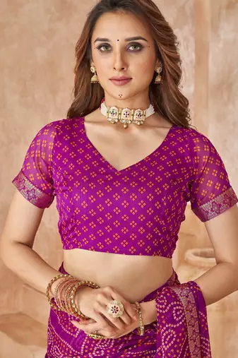 Purple bandhani printed chiffon saree with unstitched blouse
