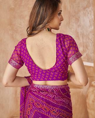 Purple bandhani printed chiffon saree with unstitched blouse 4