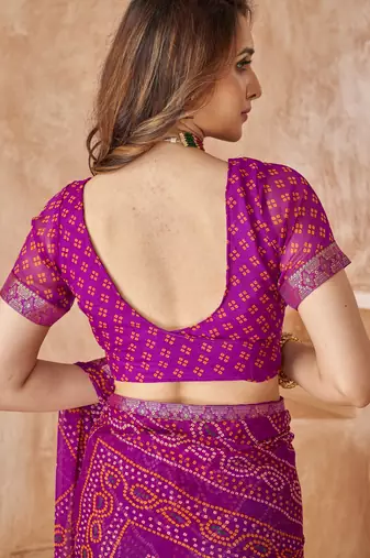 Purple bandhani printed chiffon saree with unstitched blouse