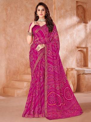 Rani pink bandhani printed chiffon saree with unstitched blouse 1