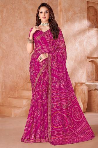 Rani pink bandhani printed chiffon saree with unstitched blouse