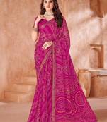 Rani pink bandhani printed chiffon saree with unstitched blouse