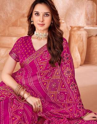 Rani pink bandhani printed chiffon saree with unstitched blouse 2