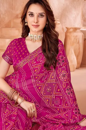 Rani pink bandhani printed chiffon saree with unstitched blouse