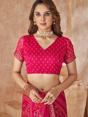 Rani pink bandhani printed chiffon saree with unstitched blouse 3