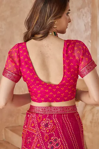 Rani pink bandhani printed chiffon saree with unstitched blouse