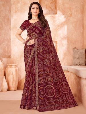 Dark maroon bandhani printed chiffon saree with unstitched blouse 1
