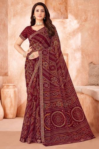 Dark maroon bandhani printed chiffon saree with unstitched blouse