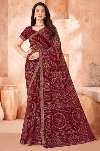 Dark maroon bandhani printed chiffon saree with unstitched blouse