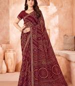Dark maroon bandhani printed chiffon saree with unstitched blouse