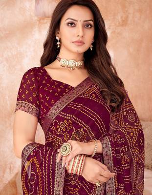 Dark maroon bandhani printed chiffon saree with unstitched blouse 2